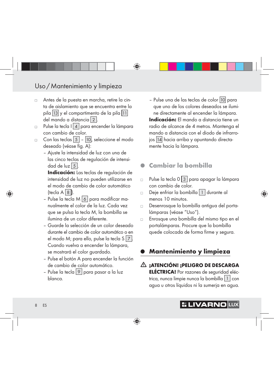 Uso / mantenimiento y limpieza, Cambiar la bombilla, Mantenimiento y limpieza | Livarno Z31044 User Manual | Page 8 / 34