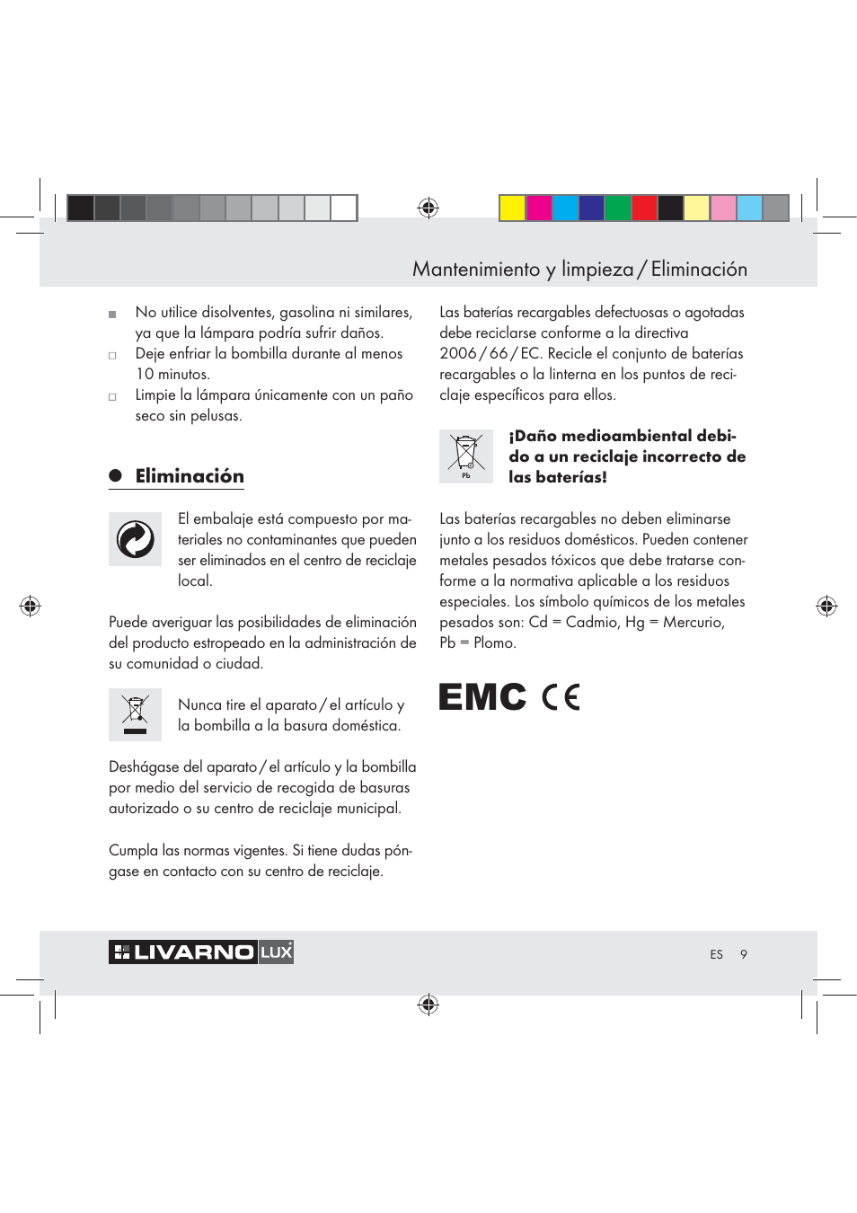 Mantenimiento y limpieza / eliminación, Eliminación | Livarno Z31044 User Manual | Page 9 / 34
