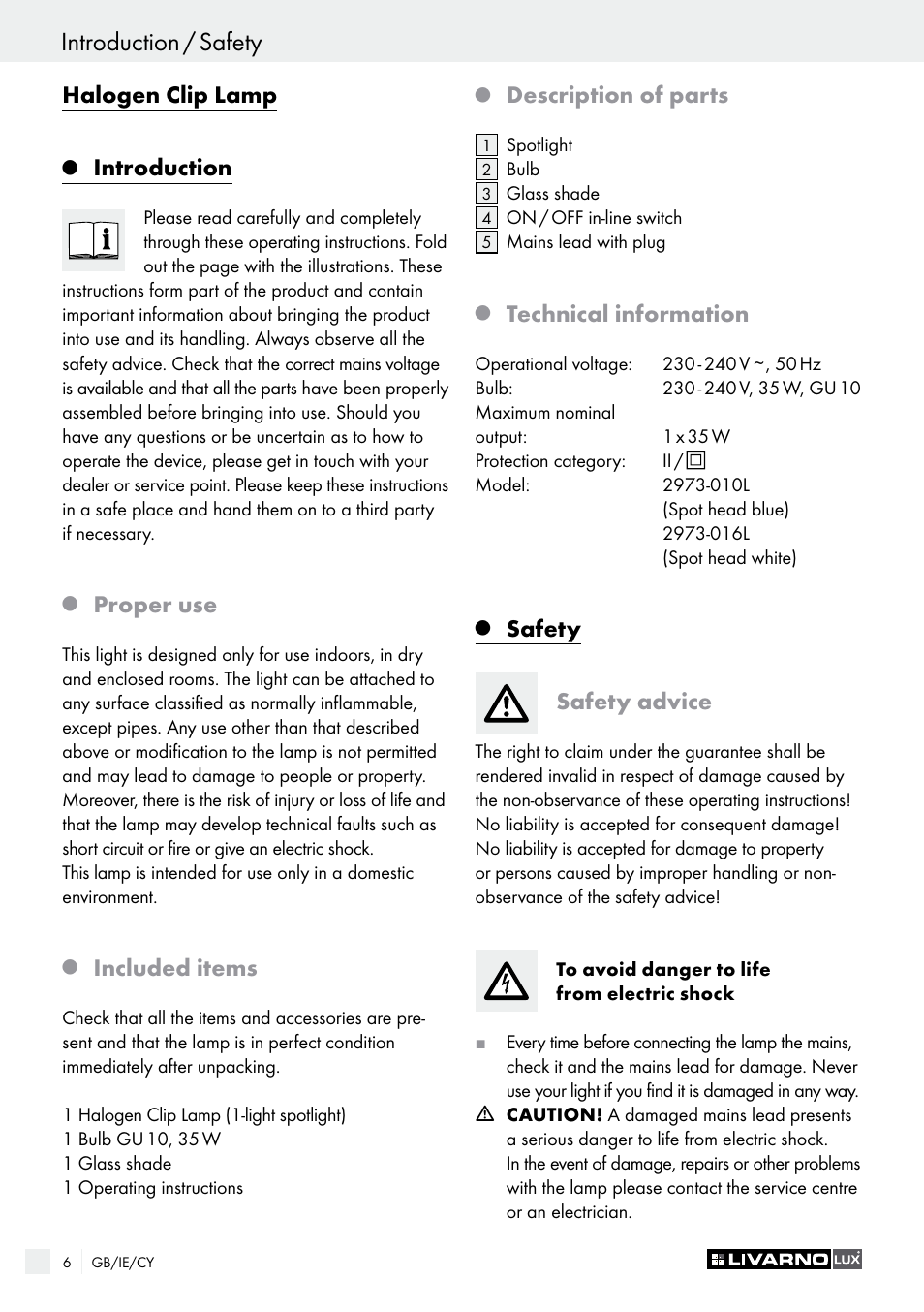 Introduction, Safety, Introduction / safety | Halogen clip lamp, Proper use, Included items, Description of parts, Technical information, Safety advice | Livarno 2973-10L - 2973-16L User Manual | Page 6 / 17