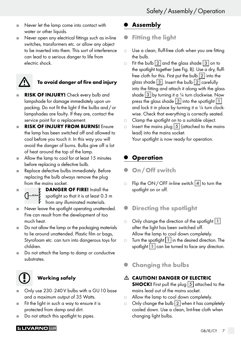 Assembly, Operation, Safety / assembly / operation | Fitting the light, On / off switch, Directing the spotlight, Changing the bulbs | Livarno 2973-10L - 2973-16L User Manual | Page 7 / 17