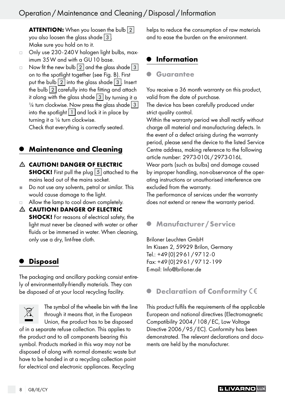 Maintenance and cleaning, Disposal, Information | Guarantee, Manufacturer / service, Declaration of conformity | Livarno 2973-10L - 2973-16L User Manual | Page 8 / 17