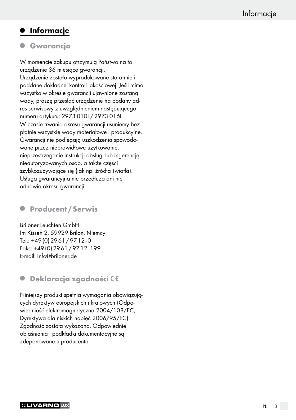 Q producent / serwis, Q deklaracja zgodności, Informacje | Gwarancja, Producent / serwis, Deklaracja zgodności | Livarno 2973-10L - 2973-16L User Manual | Page 13 / 41