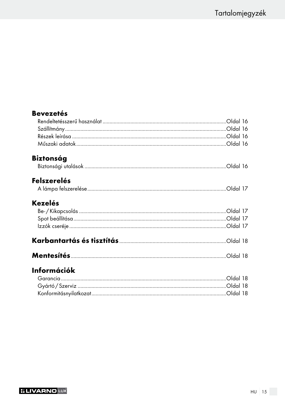 Tartalomjegyzék | Livarno 2973-10L - 2973-16L User Manual | Page 15 / 41