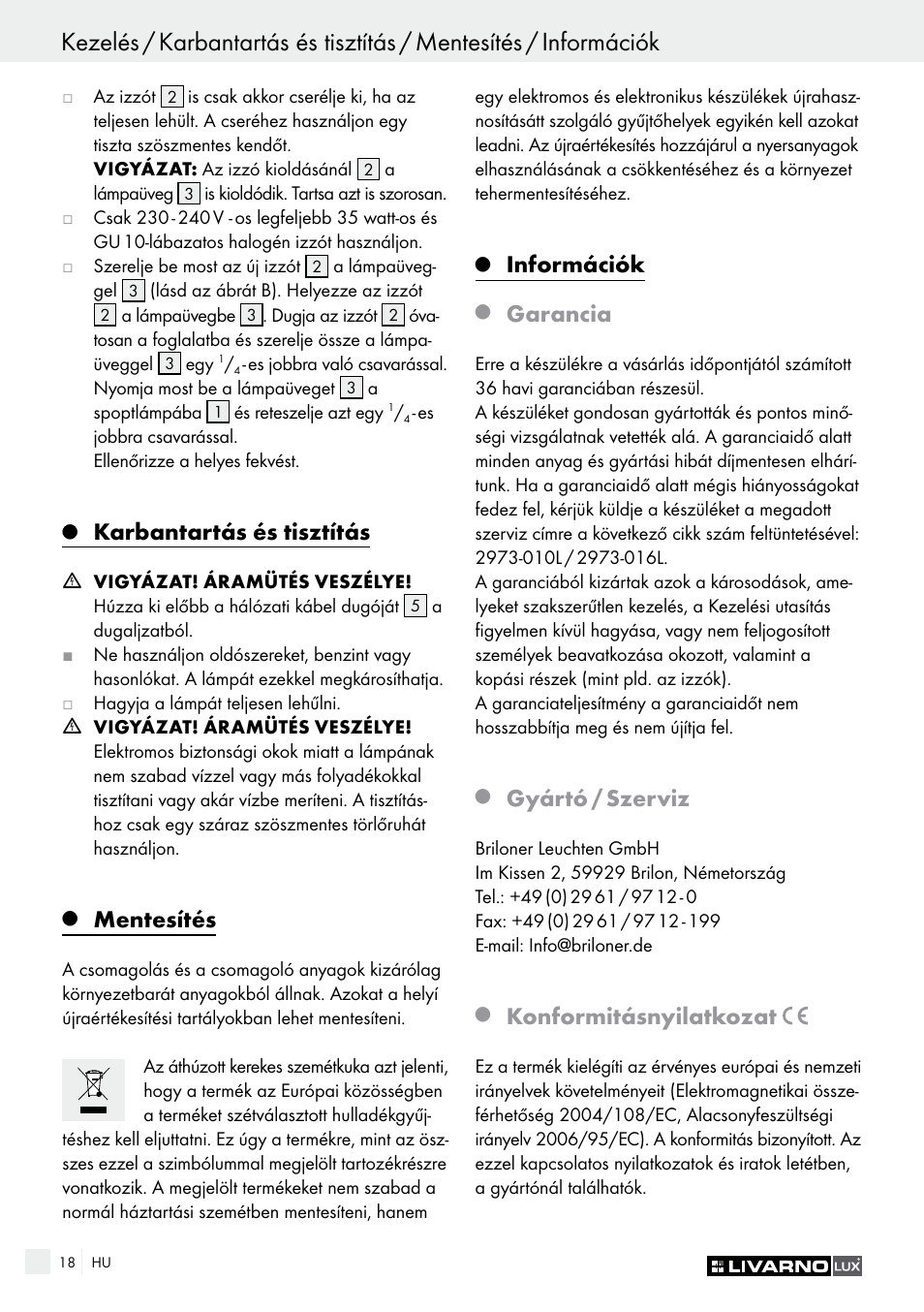 Q karbantartás és tisztítás, Q mentesítés, Q információk | Q garancia, Q gyártó / szerviz, Q konformitásnyilatkozat, Karbantartás és tisztítás, Mentesítés, Információk, Garancia | Livarno 2973-10L - 2973-16L User Manual | Page 18 / 41