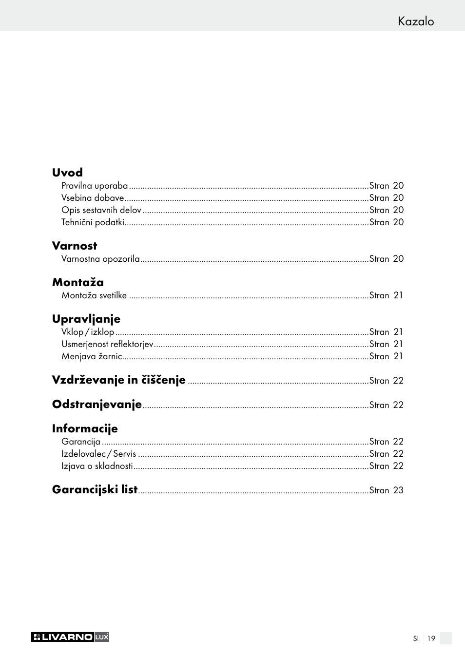 Kazalo | Livarno 2973-10L - 2973-16L User Manual | Page 19 / 41