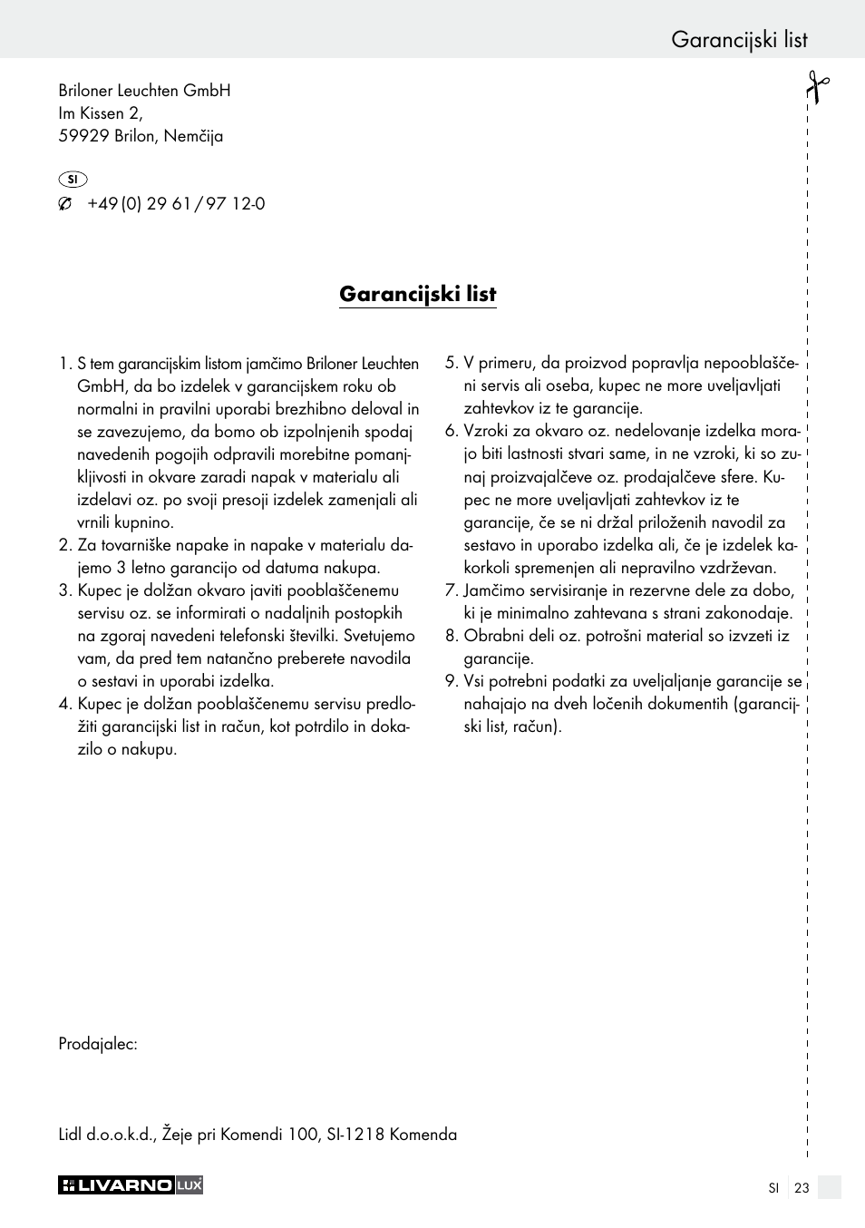 Garancijski list | Livarno 2973-10L - 2973-16L User Manual | Page 23 / 41