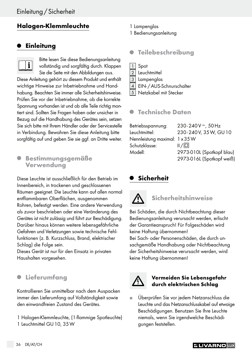 Q einleitung, Q bestimmungsgemäße verwendung, Q lieferumfang | Q teilebeschreibung, Q technische daten, Q sicherheit, Sicherheitshinweise, Einleitung, Sicherheit, Einleitung / sicherheit | Livarno 2973-10L - 2973-16L User Manual | Page 36 / 41