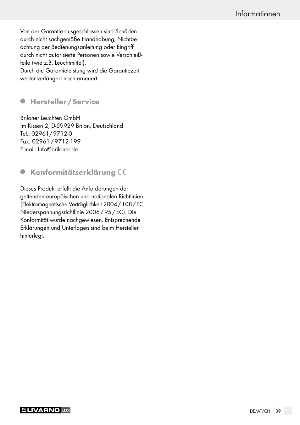 Q hersteller / service, Q konformitätserklärung, Informationen | Hersteller / service, Konformitätserklärung | Livarno 2973-10L - 2973-16L User Manual | Page 39 / 41