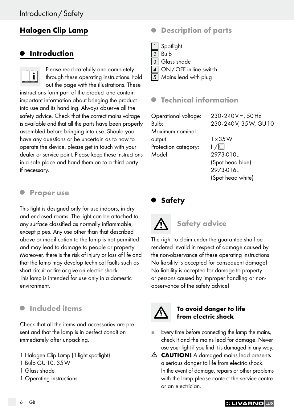 Introduction, Safety, Introduction / safety | Halogen clip lamp, Proper use, Included items, Description of parts, Technical information, Safety advice | Livarno 2973-10L - 2973-16L User Manual | Page 6 / 41