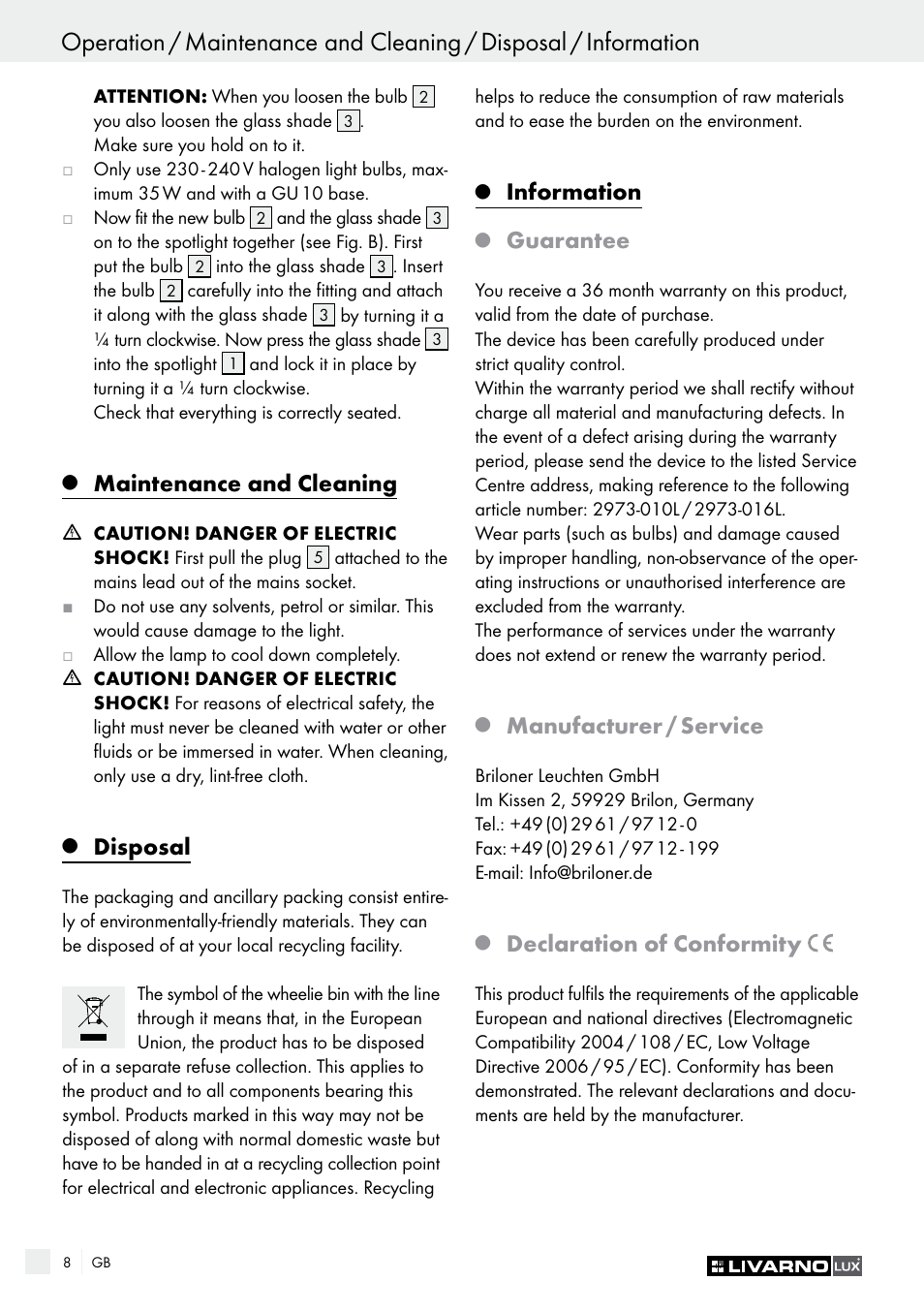 Maintenance and cleaning, Disposal, Information | Guarantee, Manufacturer / service, Declaration of conformity | Livarno 2973-10L - 2973-16L User Manual | Page 8 / 41