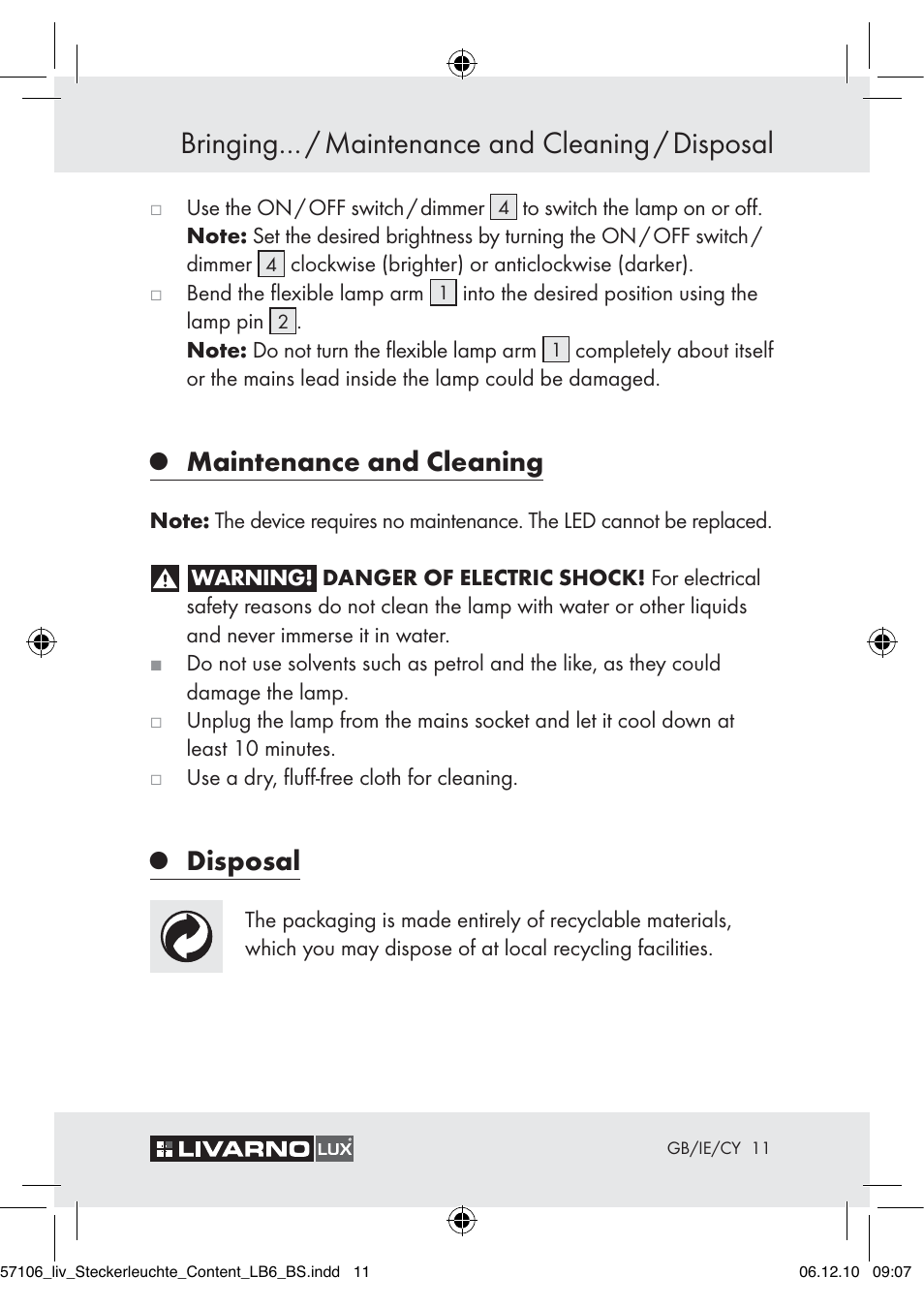 Bringing… / maintenance and cleaning / disposal, Maintenance and cleaning, Disposal | Livarno Z30652A-BS User Manual | Page 9 / 18