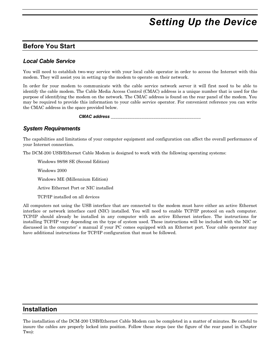 Setting up the device, Before you start, Installation | D-Link DCM-200 User Manual | Page 9 / 32