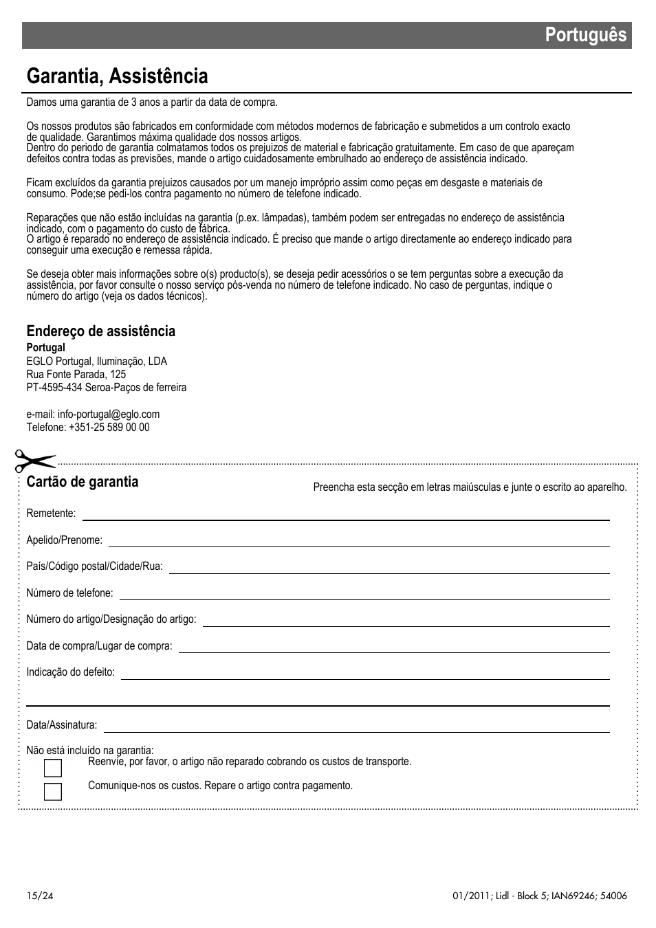 Garantia, assistência, Português, Endereço de assistência | Cartão de garantia | Livarno 54006 User Manual | Page 16 / 26