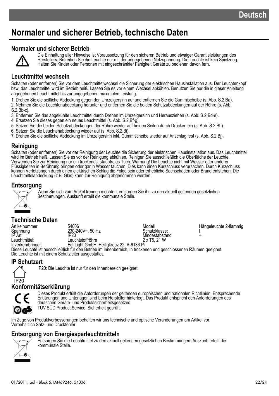 Normaler und sicherer betrieb, technische daten, Deutsch, Normaler und sicherer betrieb | Leuchtmittel wechseln, Reinigung, Entsorgung, Technische daten, Ip schutzart, Konformitätserklärung, Entsorgung von energiesparleuchtmitteln | Livarno 54006 User Manual | Page 23 / 26