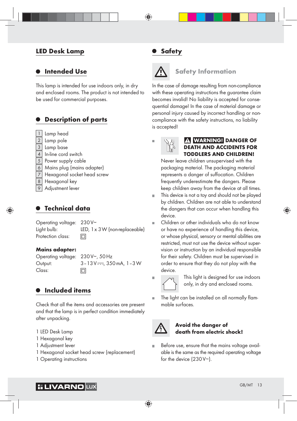 Led desk lamp, Intended use, Description of parts | Technical data, Included items, Safety safety information | Livarno Z30348A User Manual | Page 13 / 19