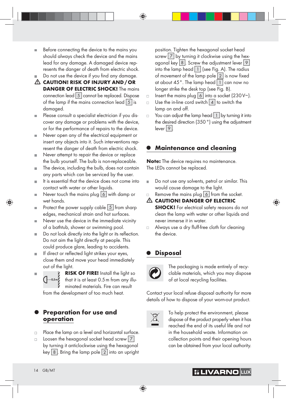 Preparation for use and operation, Maintenance and cleaning, Disposal | Livarno Z30348A User Manual | Page 14 / 19