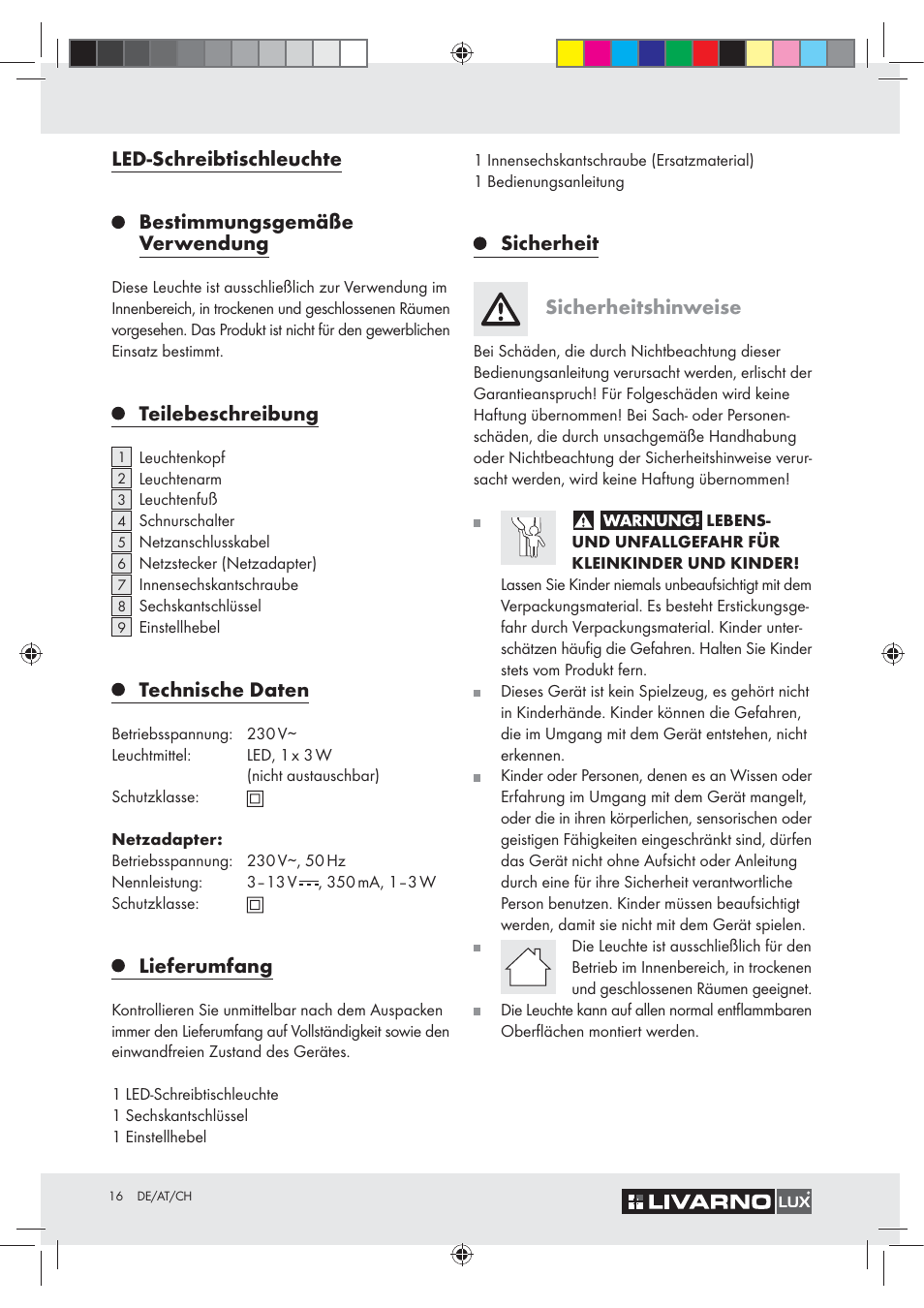 Teilebeschreibung, Technische daten, Lieferumfang | Sicherheit sicherheitshinweise | Livarno Z30348A User Manual | Page 16 / 19