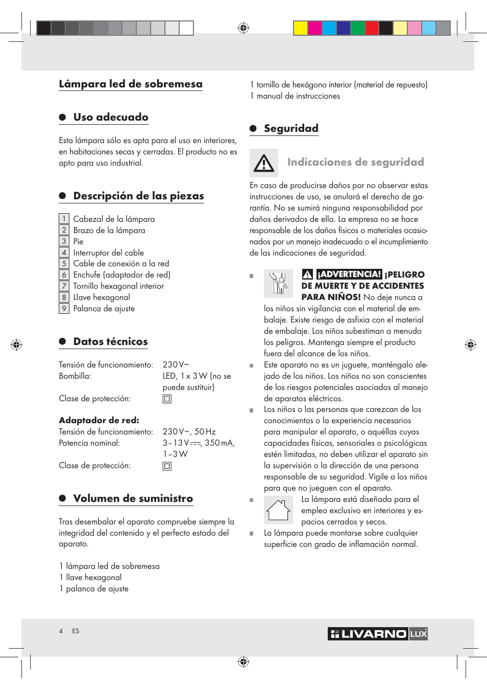 Lámpara led de sobremesa uso adecuado, Descripción de las piezas, Datos técnicos | Volumen de suministro, Seguridad indicaciones de seguridad | Livarno Z30348A User Manual | Page 4 / 19