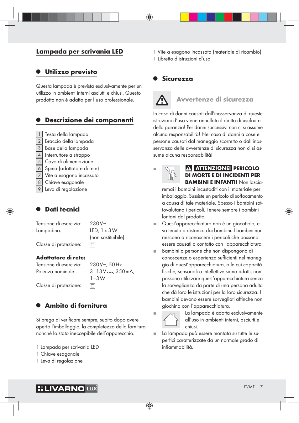 Lampada per scrivania led, Utilizzo previsto, Descrizione dei componenti | Dati tecnici, Ambito di fornitura, Sicurezza avvertenze di sicurezza | Livarno Z30348A User Manual | Page 7 / 19