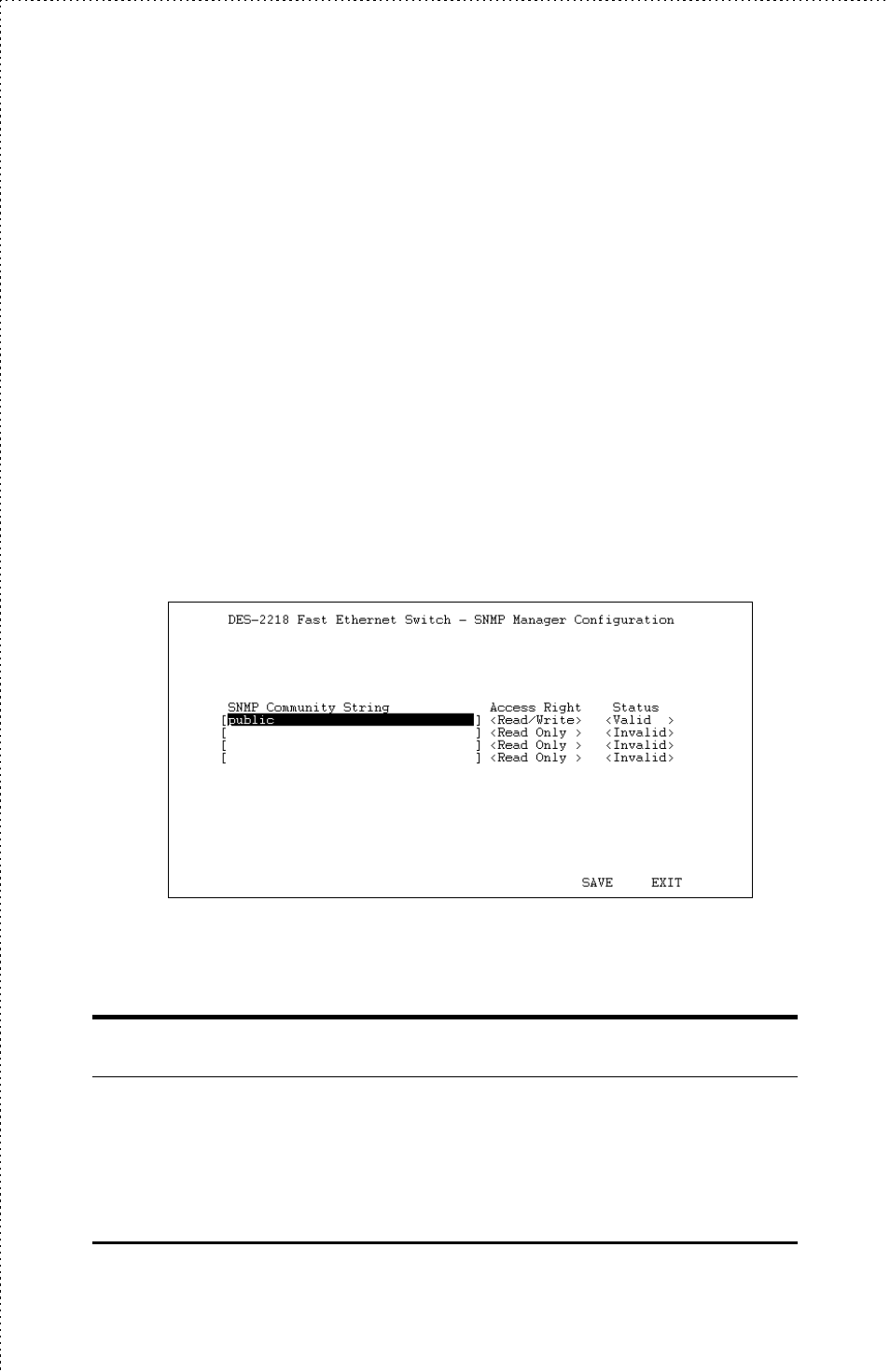 Switch configuration, Snmp security (community names) | D-Link DES-2218 User Manual | Page 50 / 86