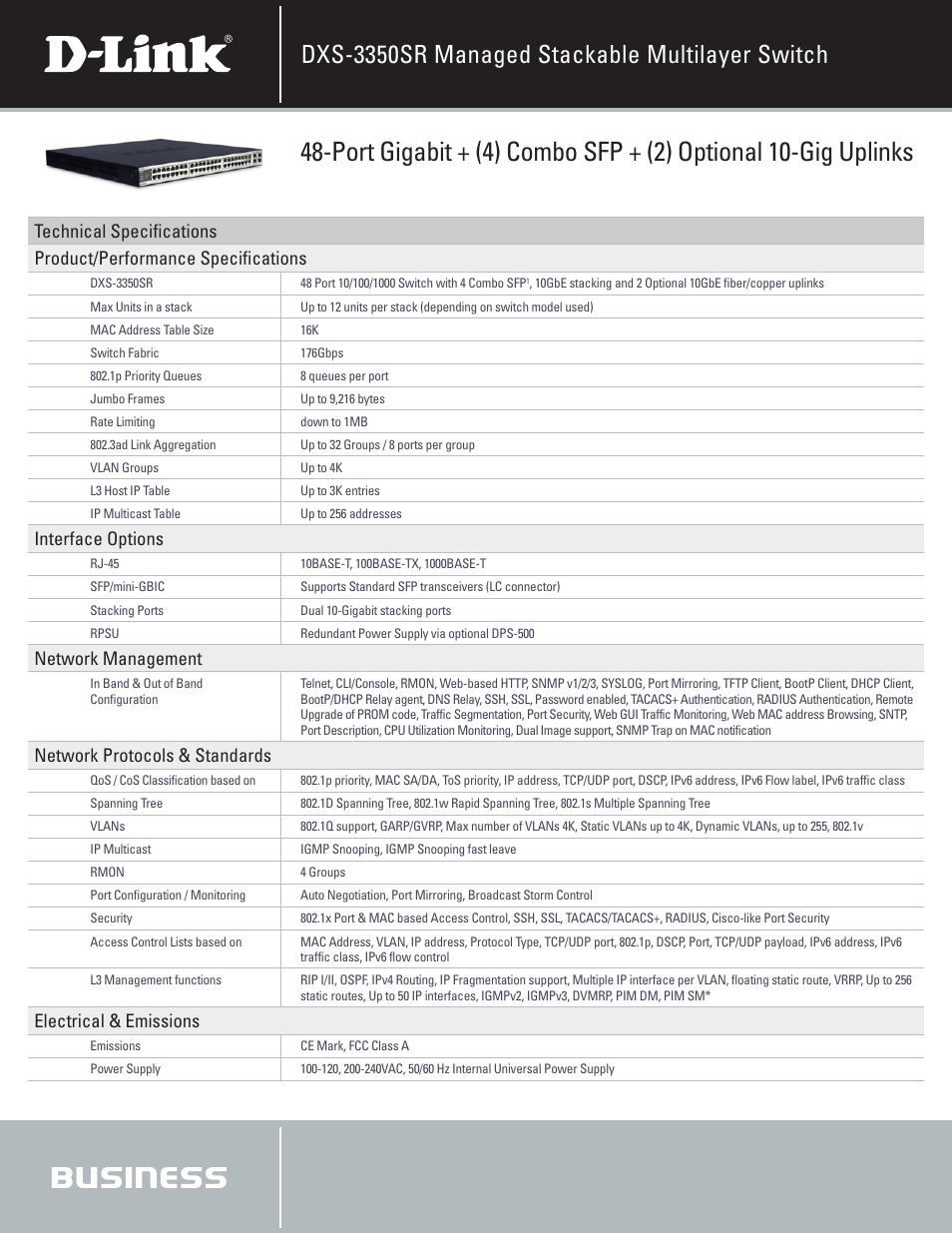 Dxs-3350sr managed stackable multilayer switch, Interface options, Network management | Network protocols & standards, Electrical & emissions | D-Link xStack DXS-3350SR User Manual | Page 2 / 3