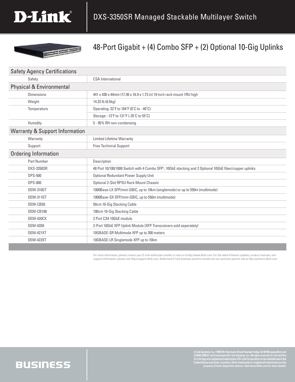 Dxs-3350sr managed stackable multilayer switch, Safety agency certifications, Physical & environmental | Warranty & support information, Ordering information | D-Link xStack DXS-3350SR User Manual | Page 3 / 3