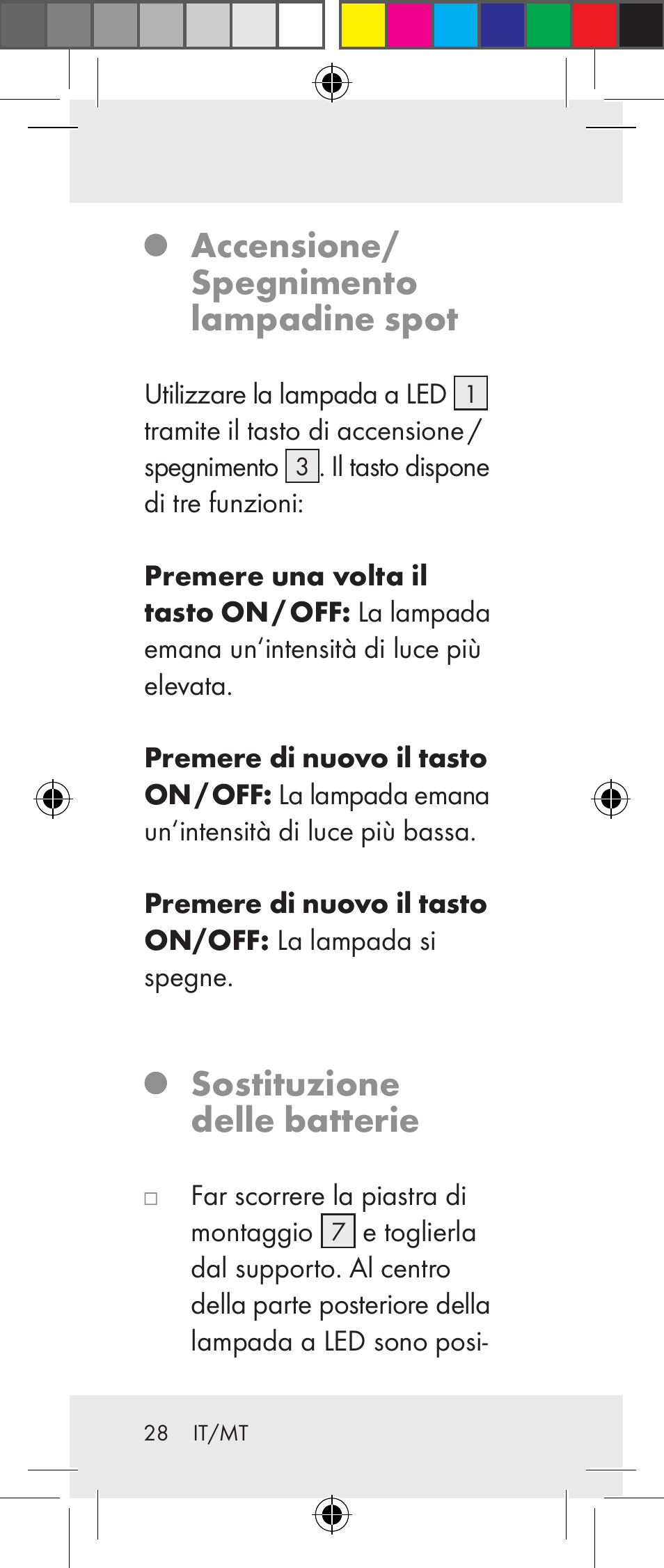 Accensione/ spegnimento lampadine spot, Sostituzione delle batterie | Livarno Z31237A Z31237B User Manual | Page 28 / 71