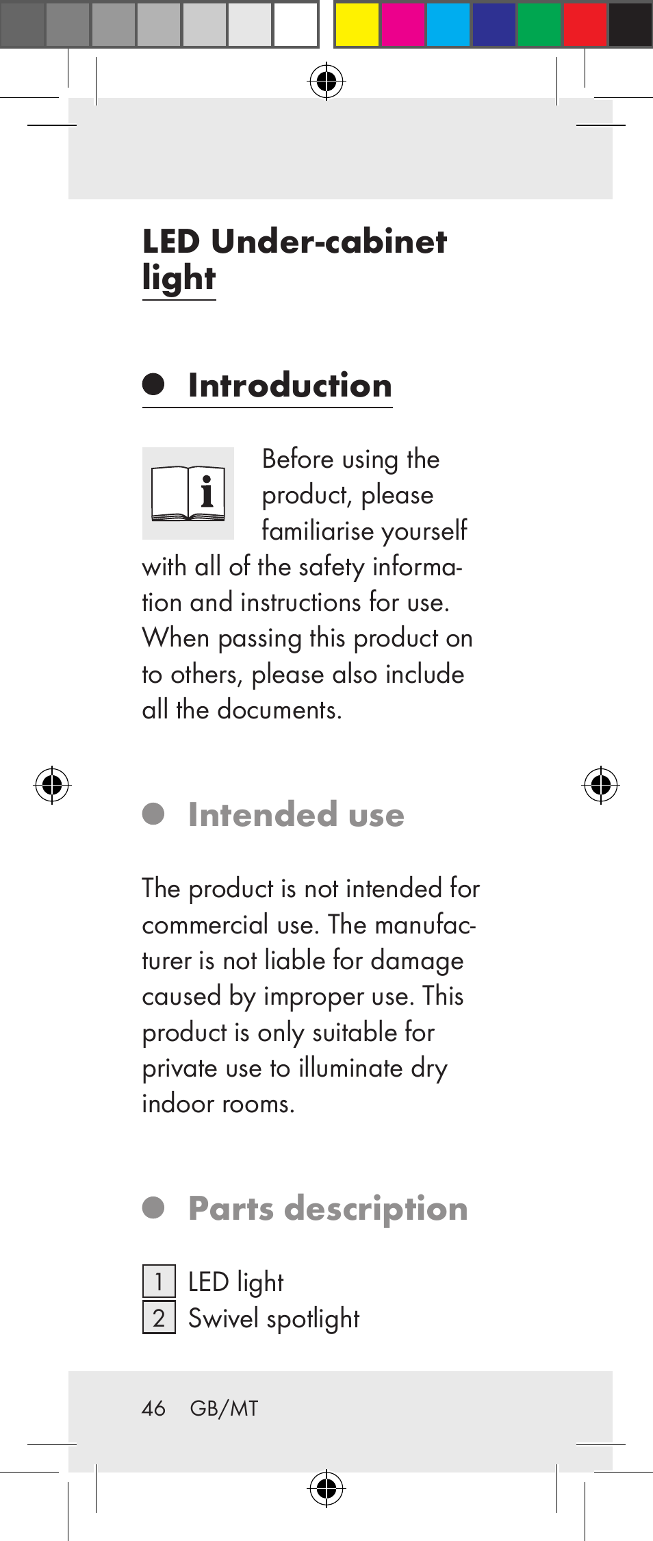 Led under-cabinet light introduction, Intended use, Parts description | Livarno Z31237A Z31237B User Manual | Page 46 / 71