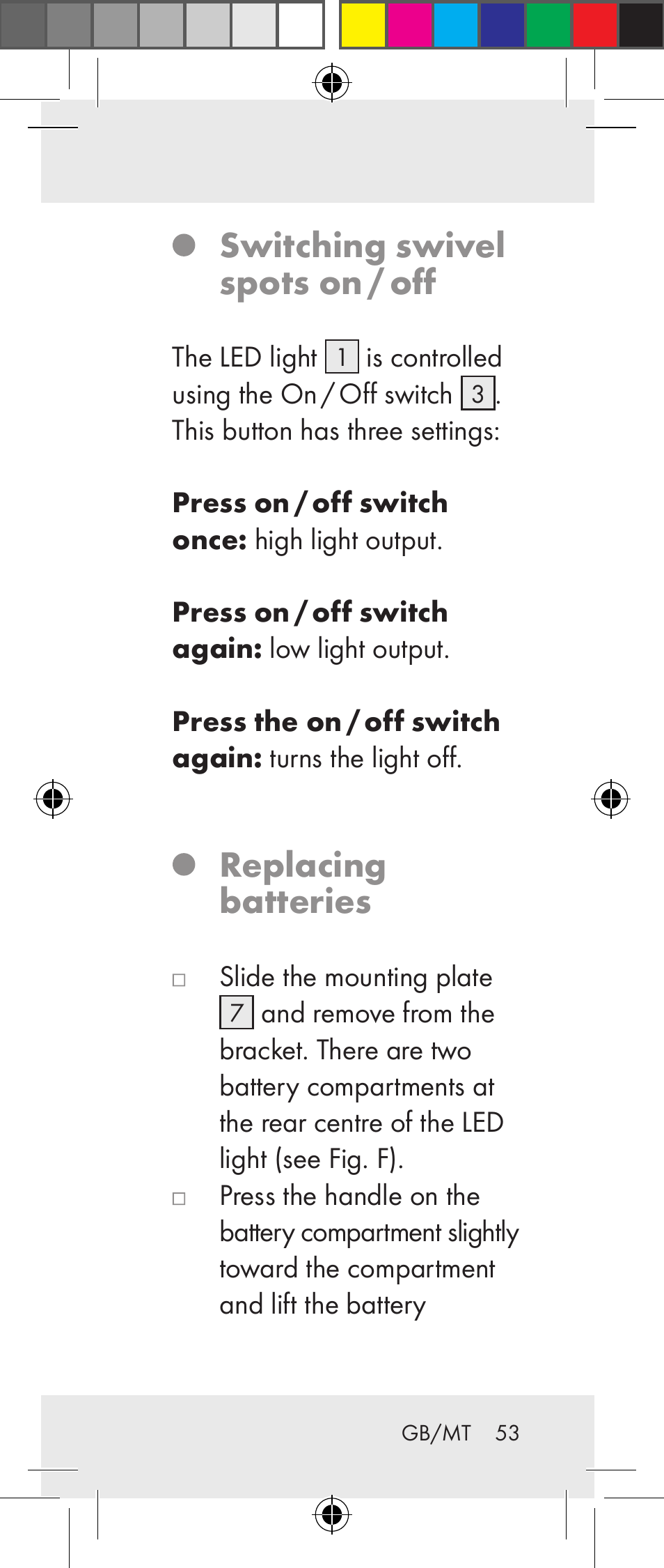 Switching swivel spots on / off, Replacing batteries | Livarno Z31237A Z31237B User Manual | Page 53 / 71