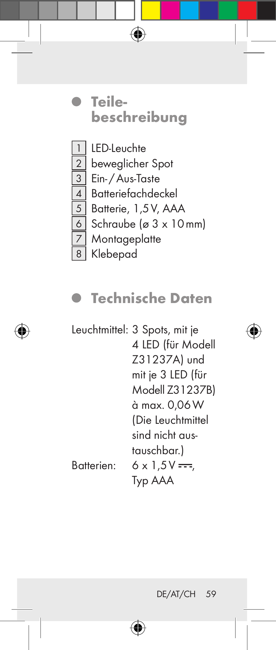 Teile- beschreibung, Technische daten | Livarno Z31237A Z31237B User Manual | Page 59 / 71