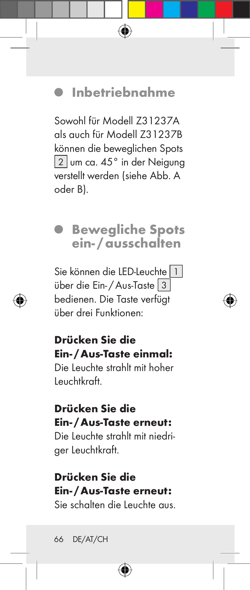 Inbetriebnahme, Bewegliche spots ein- / ausschalten | Livarno Z31237A Z31237B User Manual | Page 66 / 71