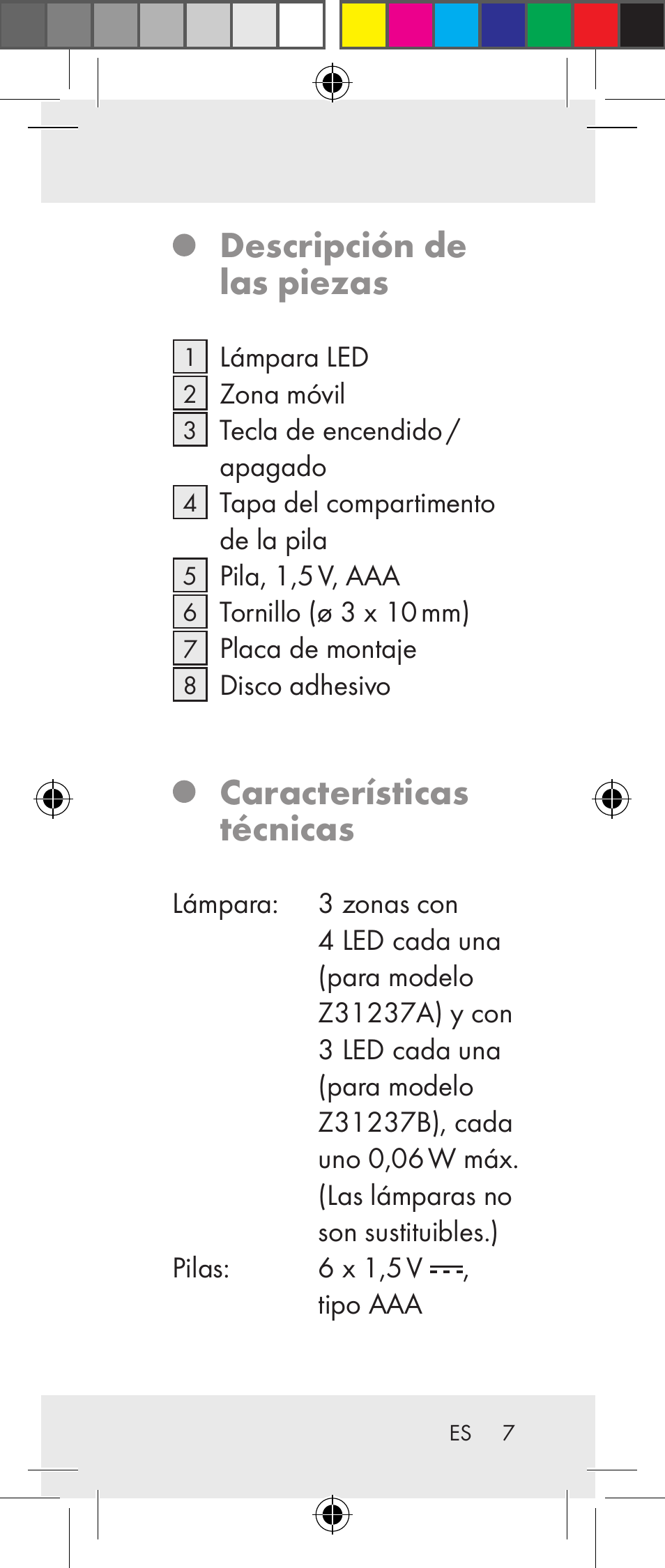 Descripción de las piezas, Características técnicas | Livarno Z31237A Z31237B User Manual | Page 7 / 71