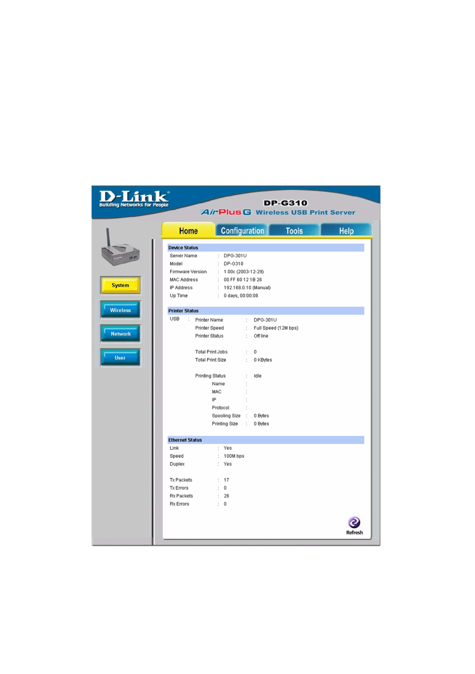 Home, Using the web configuration (continued), Home > system | D-Link DP-G310 User Manual | Page 13 / 88