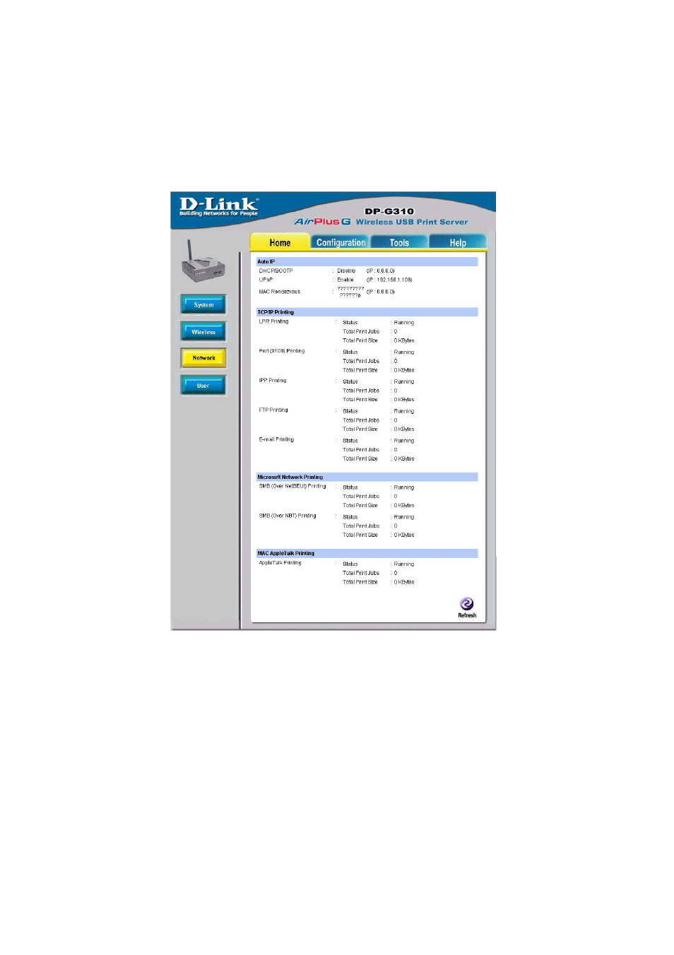 Using the web configuration (continued), Home > network | D-Link DP-G310 User Manual | Page 15 / 88