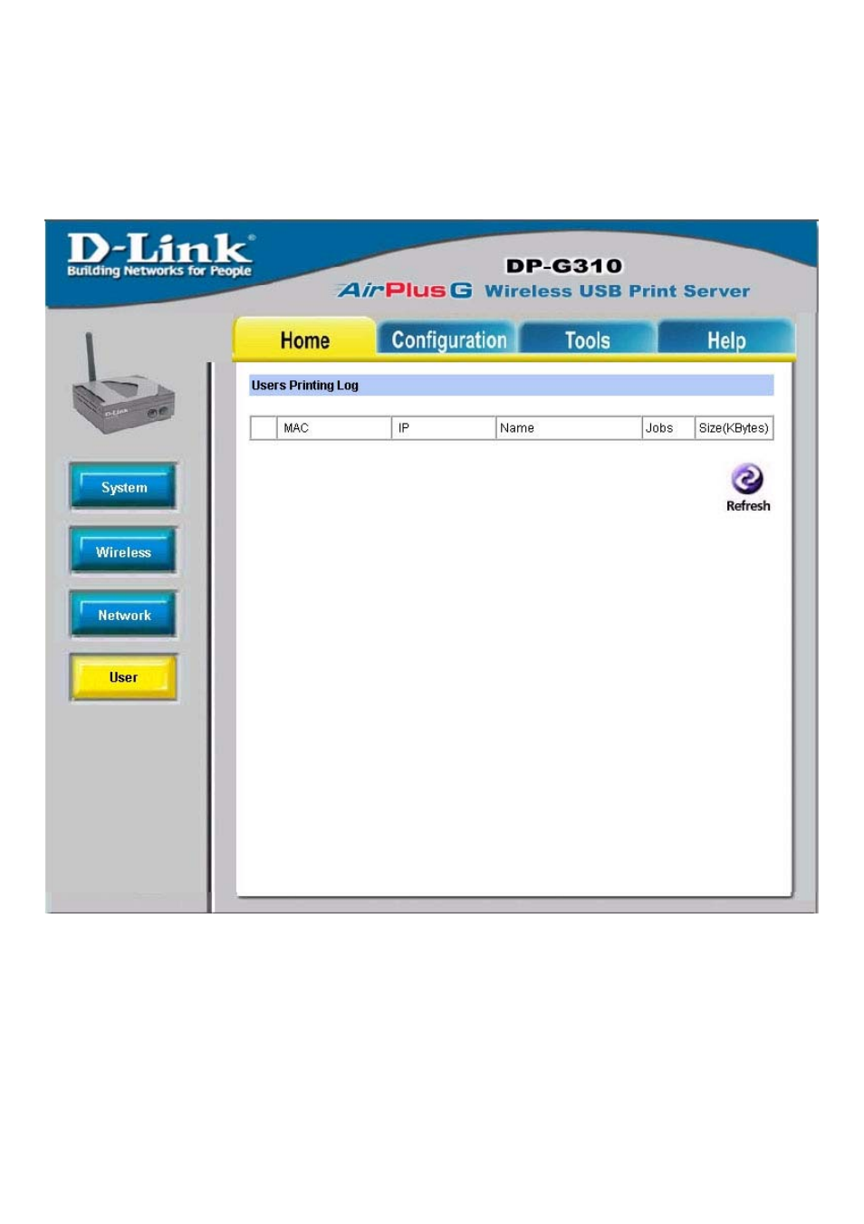 Using the web configuration (continued), Home > user | D-Link DP-G310 User Manual | Page 16 / 88