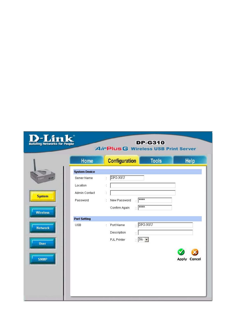 Configuration, Using the web configuration (continued) | D-Link DP-G310 User Manual | Page 17 / 88