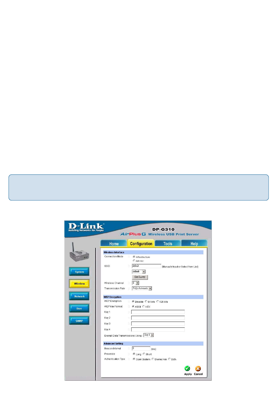 Using the web configuration (continued), Configuration > system device and port setting, Configuration > wireless | D-Link DP-G310 User Manual | Page 18 / 88