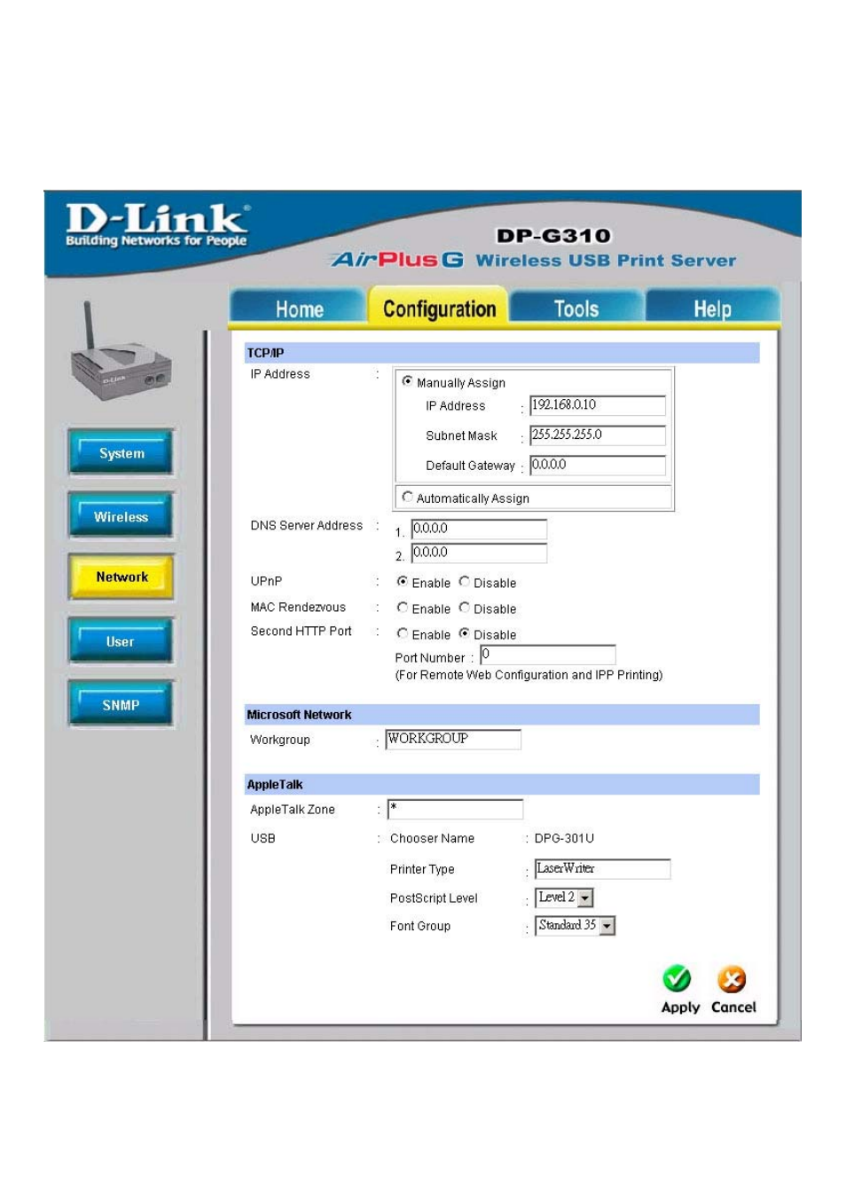 Using the web configuration (continued) network | D-Link DP-G310 User Manual | Page 20 / 88