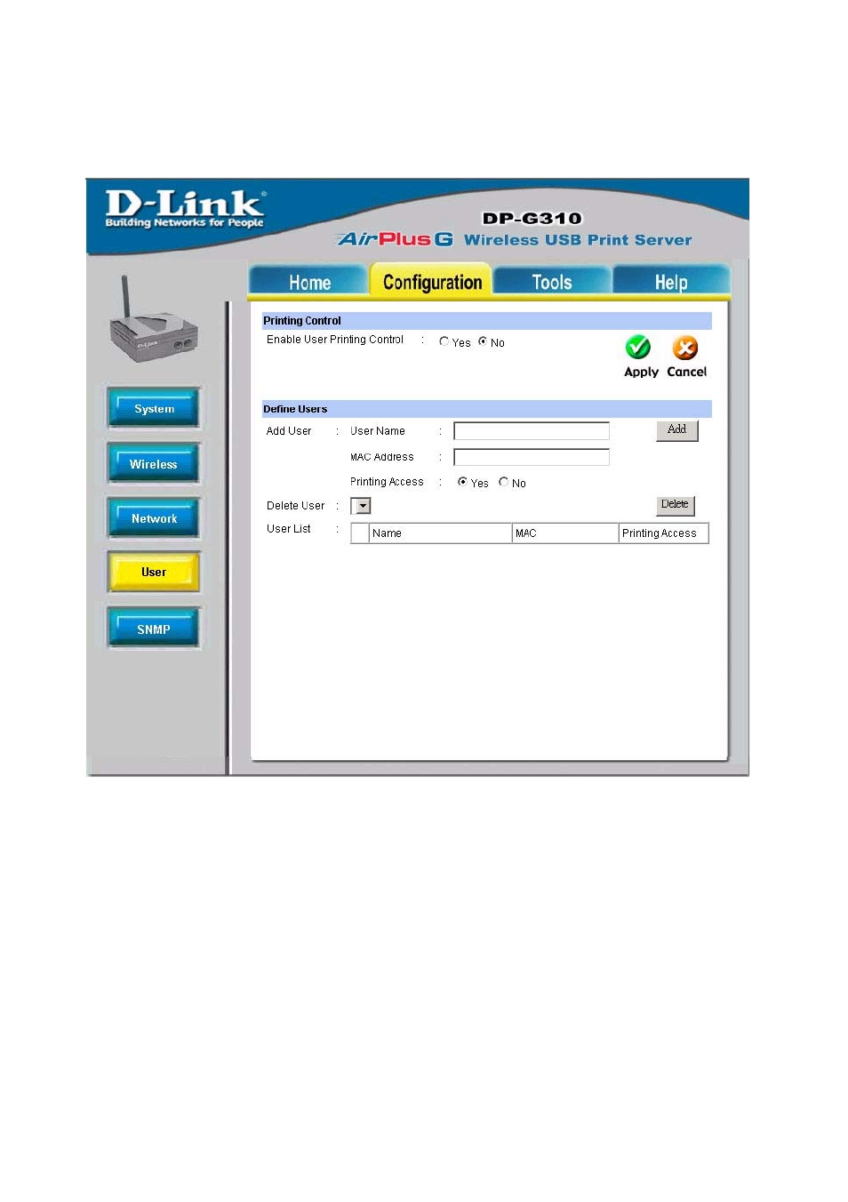 Using the web configuration (continued), Configuration > user | D-Link DP-G310 User Manual | Page 22 / 88