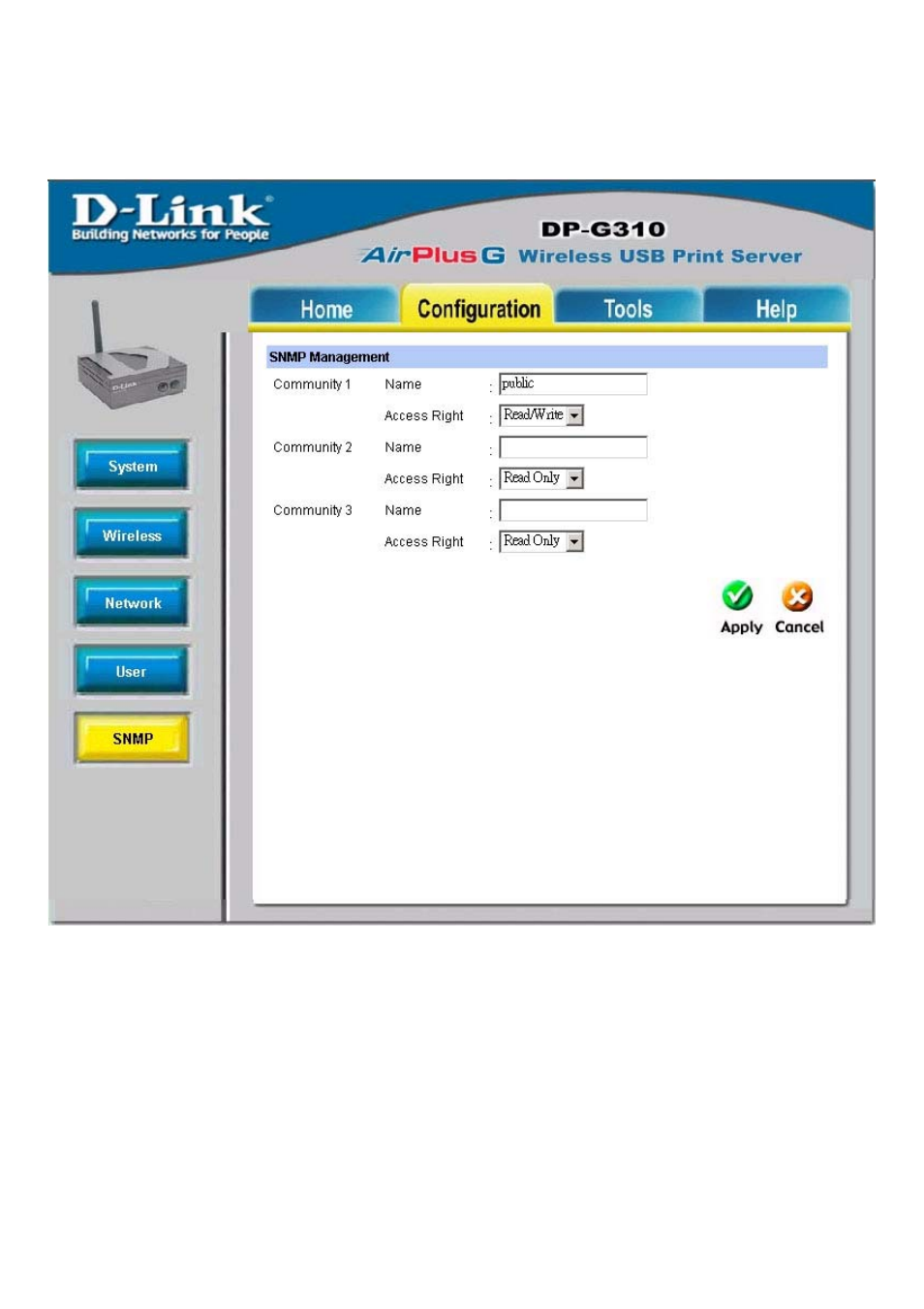 Using the web configuration (continued), Configuration > snmp | D-Link DP-G310 User Manual | Page 23 / 88