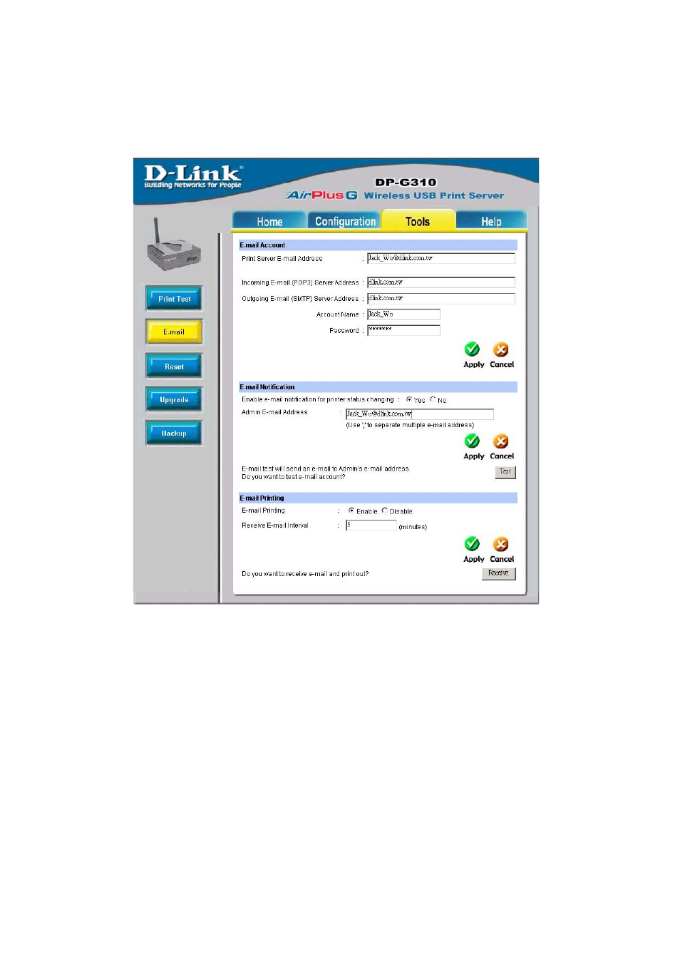 Using the web configuration (continued), Tools > email | D-Link DP-G310 User Manual | Page 25 / 88