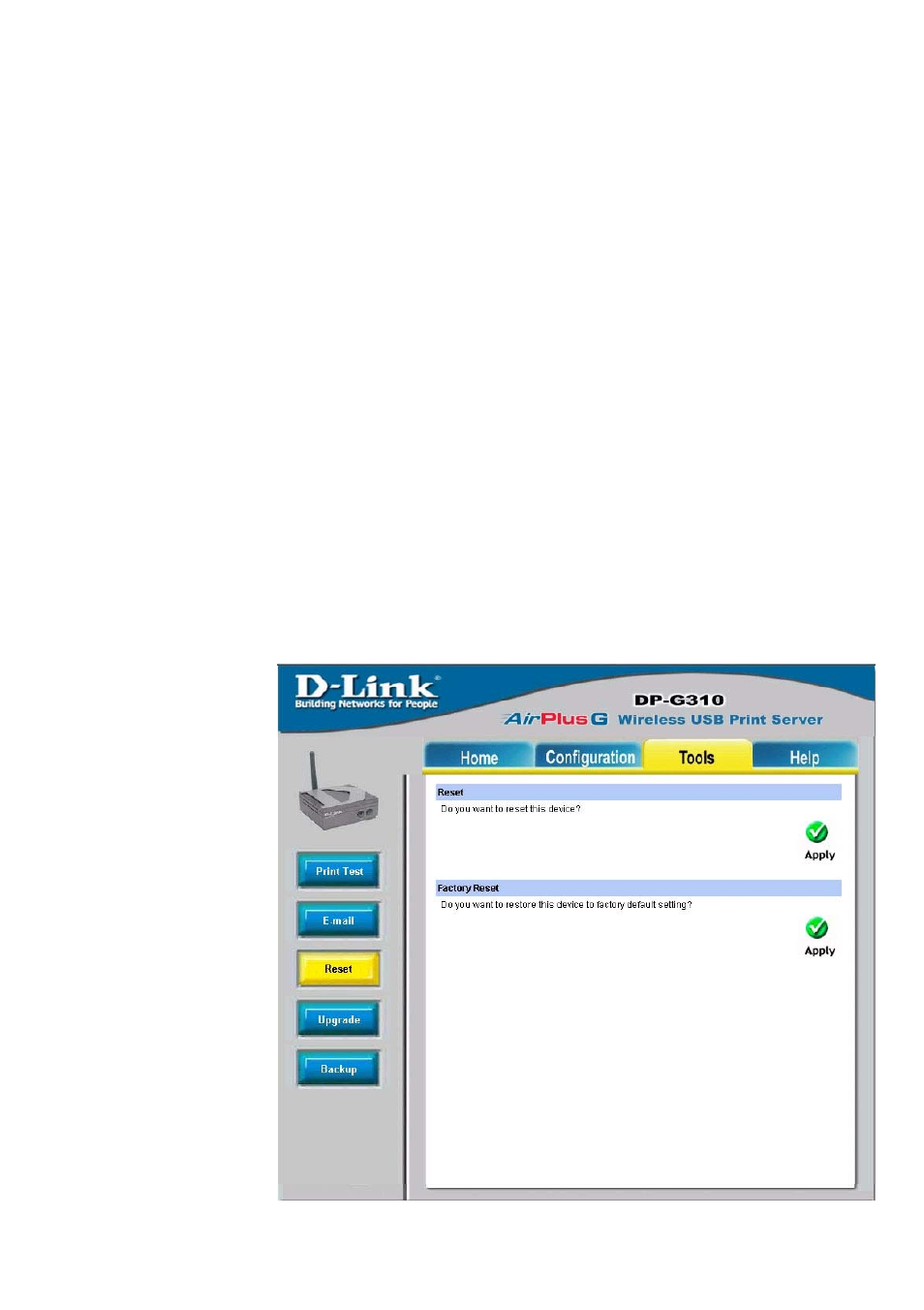 Using the web configuration (continued), Tools > email (continued), Reset | D-Link DP-G310 User Manual | Page 26 / 88