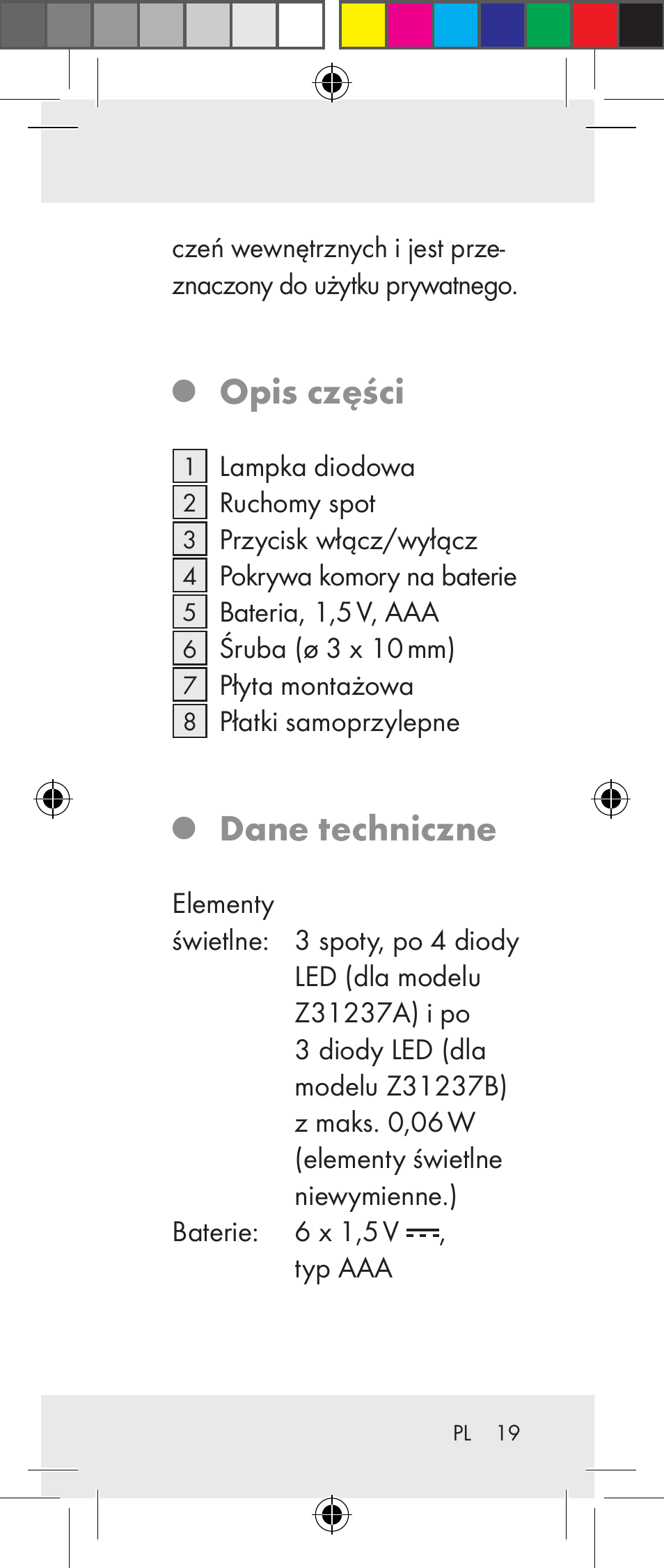 Opis części, Dane techniczne | Livarno Z31237A Z31237B User Manual | Page 19 / 98