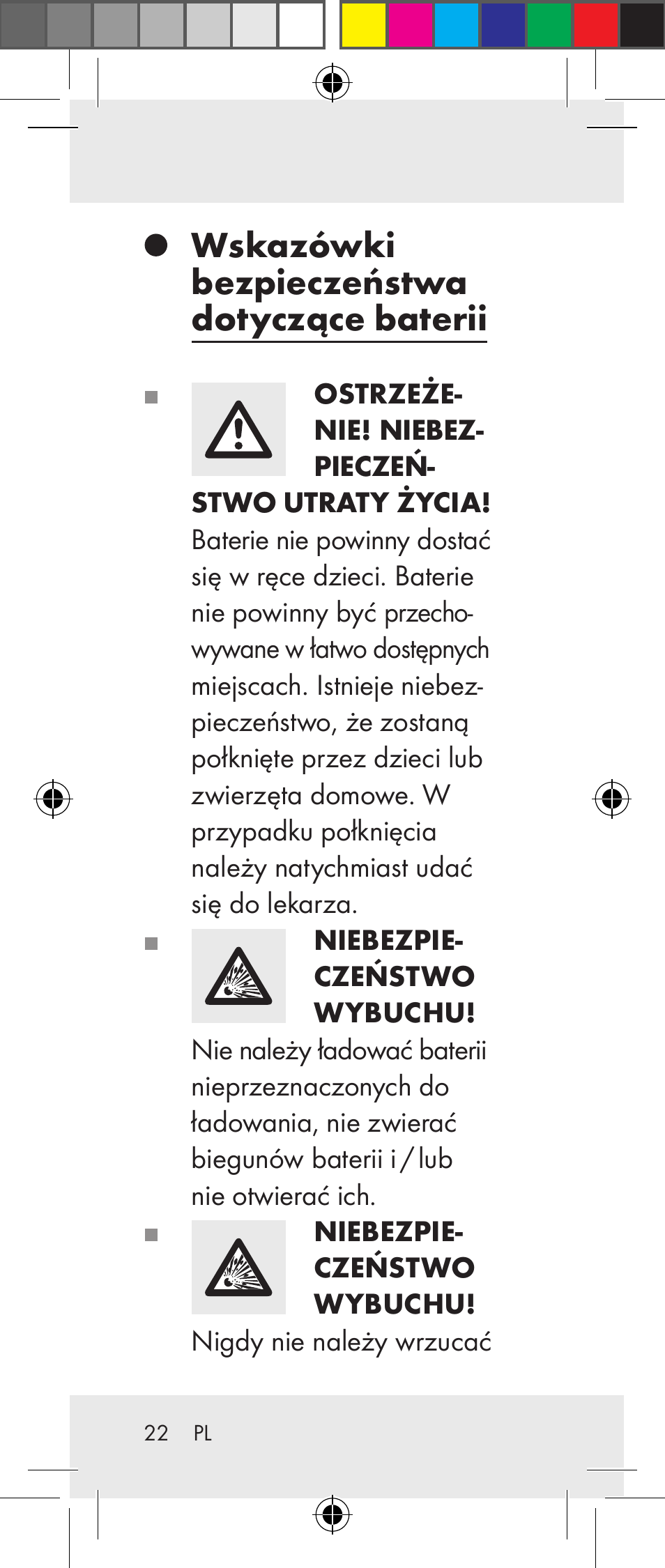 Wskazówki bezpieczeństwa dotyczące baterii | Livarno Z31237A Z31237B User Manual | Page 22 / 98