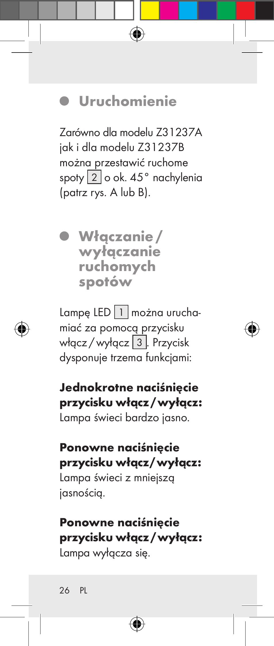 Uruchomienie, Włączanie / wyłączanie ruchomych spotów | Livarno Z31237A Z31237B User Manual | Page 26 / 98