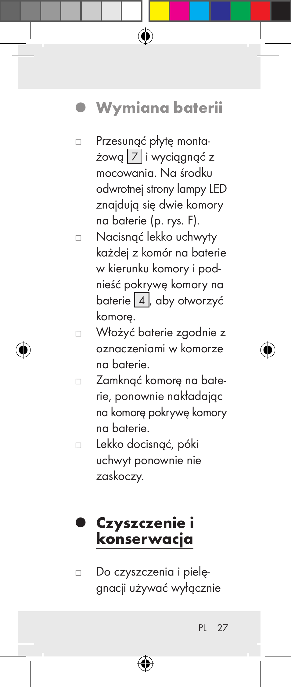 Wymiana baterii, Czyszczenie i konserwacja | Livarno Z31237A Z31237B User Manual | Page 27 / 98