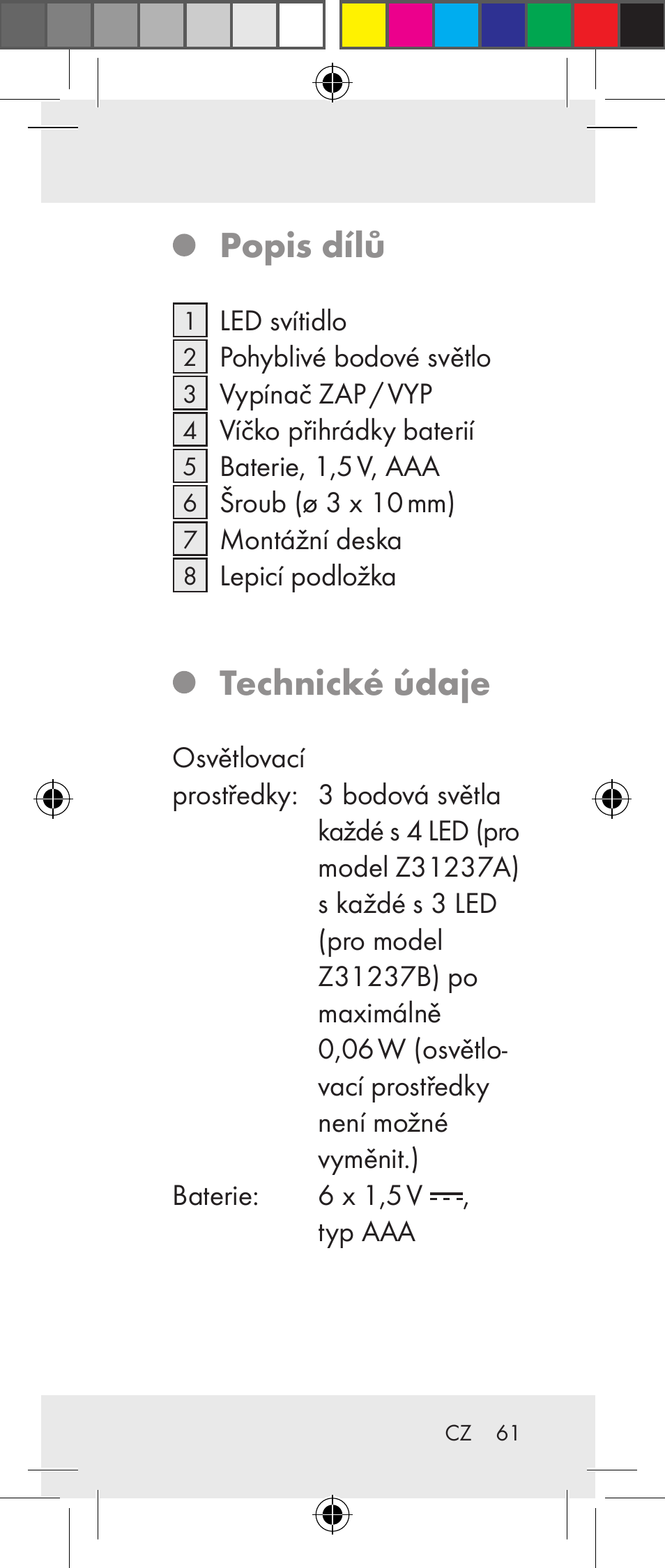 Popis dílů, Technické údaje | Livarno Z31237A Z31237B User Manual | Page 61 / 98