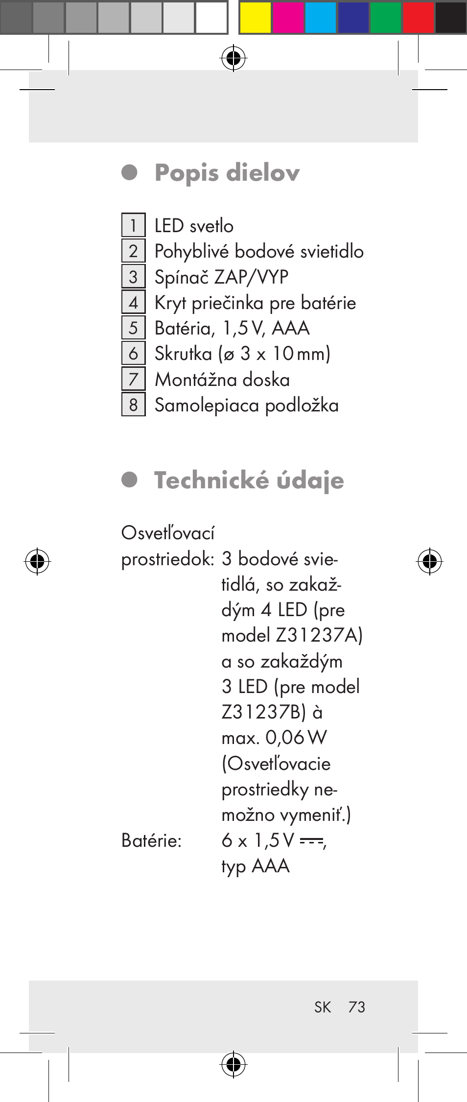 Popis dielov, Technické údaje | Livarno Z31237A Z31237B User Manual | Page 73 / 98