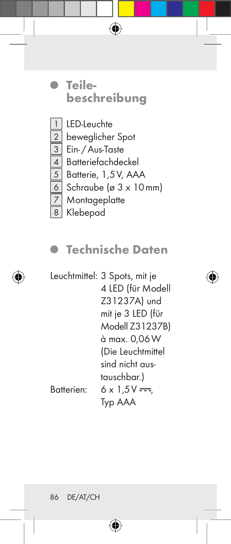 Teile- beschreibung, Technische daten | Livarno Z31237A Z31237B User Manual | Page 86 / 98