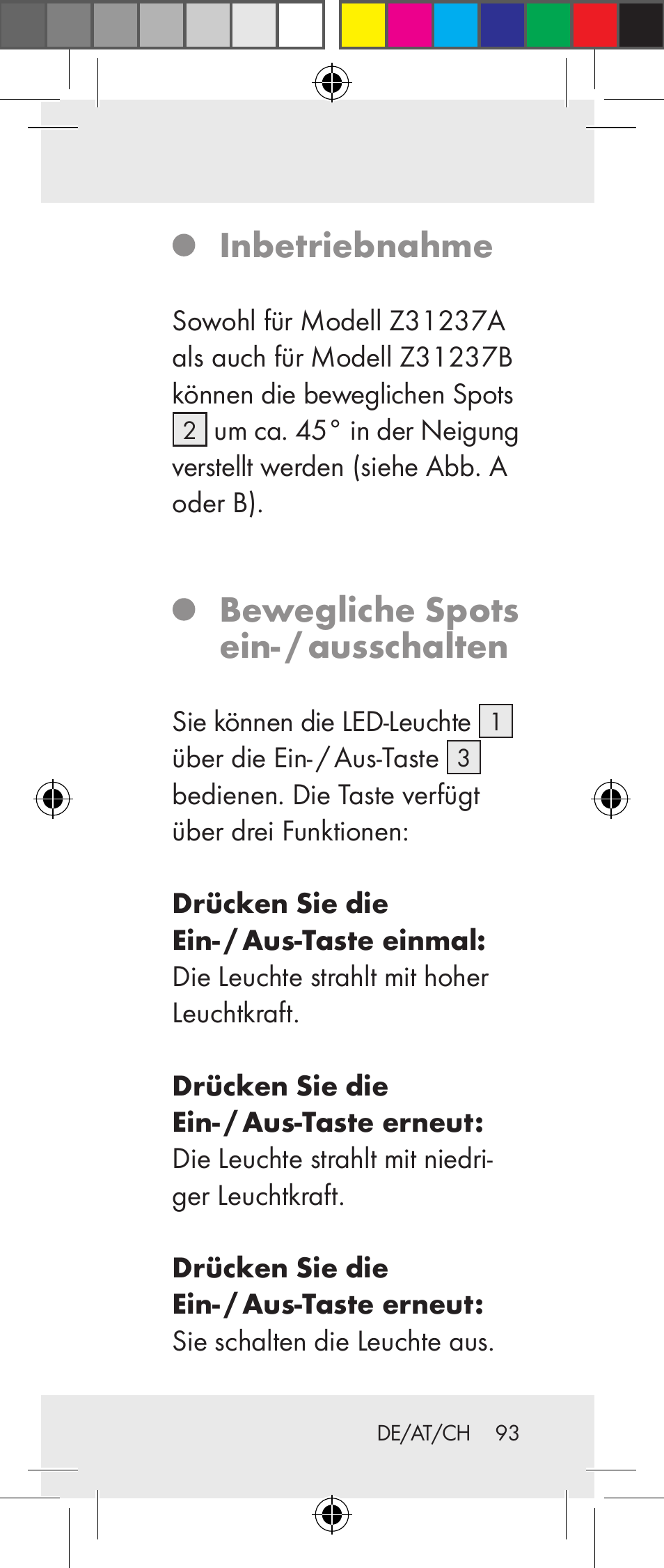 Inbetriebnahme, Bewegliche spots ein- / ausschalten | Livarno Z31237A Z31237B User Manual | Page 93 / 98